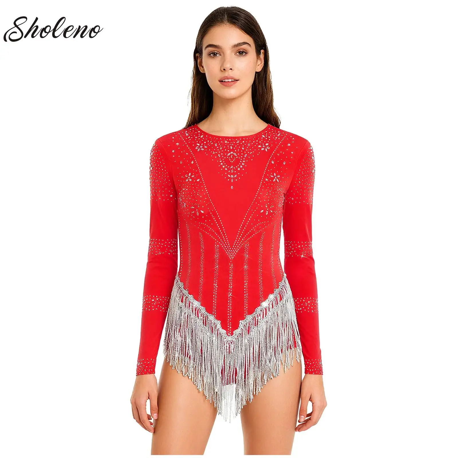 

Womens Figure Skating Bodysuit Ballet Glittery Rhinestones Sequin Tassel Long Sleeve Leotard Jumpsuit Latin Chacha Dance Costume