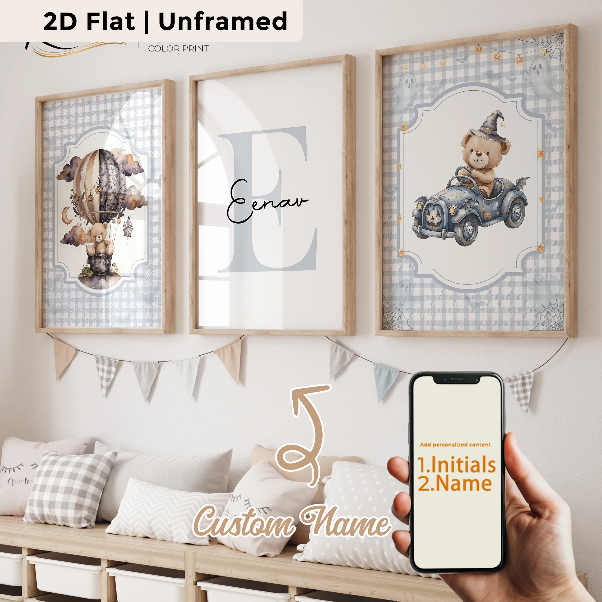 3pcs Personalized Custom Name Dark Style Teddy Bear Wall Art Print Picture Canvas Poster Painting For Living Room Home Decor