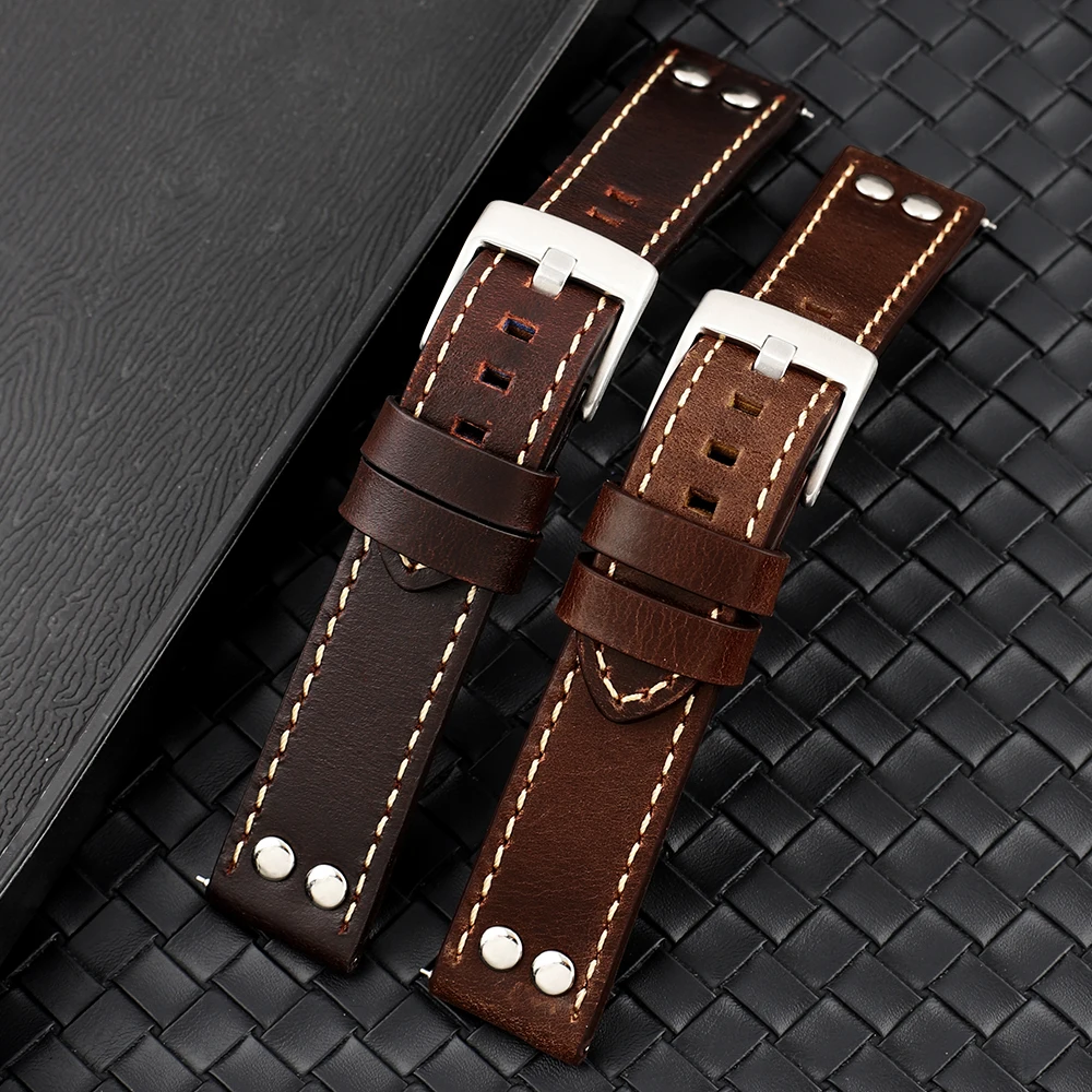 20mm 22mm Vintage Leather Rivets Watch Band Strap Coffee Brown Watchband Stainless Steel Buckle Wrist Belt Bracelet for Men
