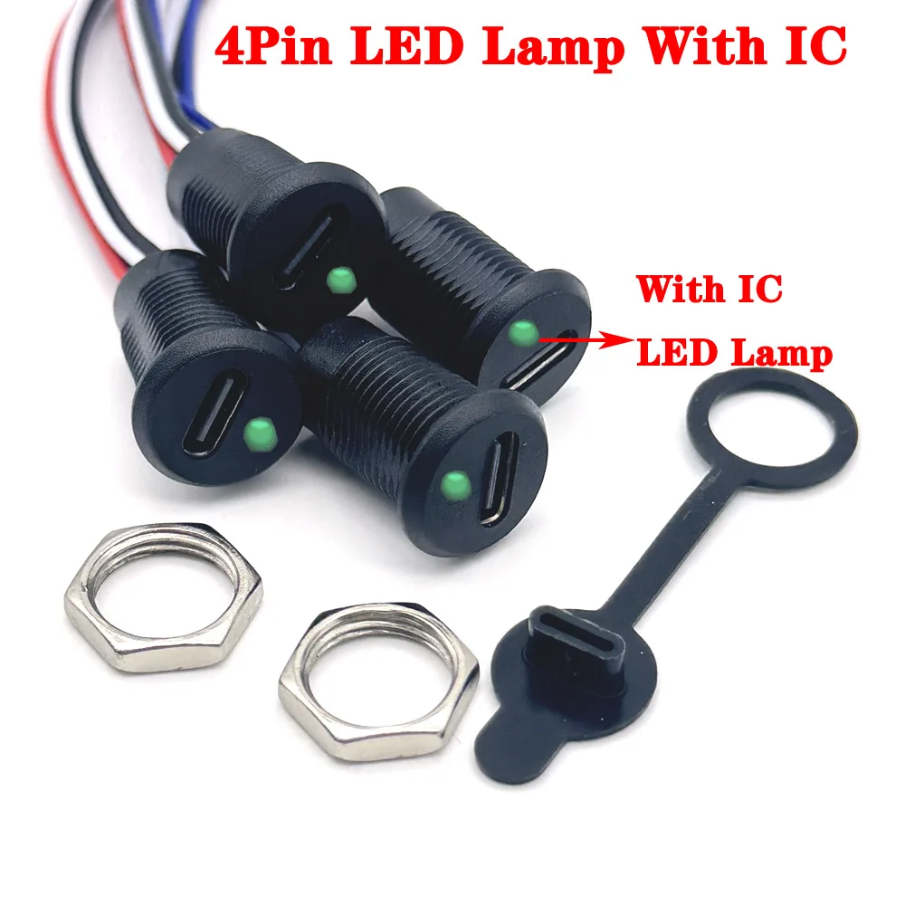 USB-C 4P high current charging socket with LED Lights PH2.54 nut snap lock plate USB TYPE-C waterproof female With IC Connector