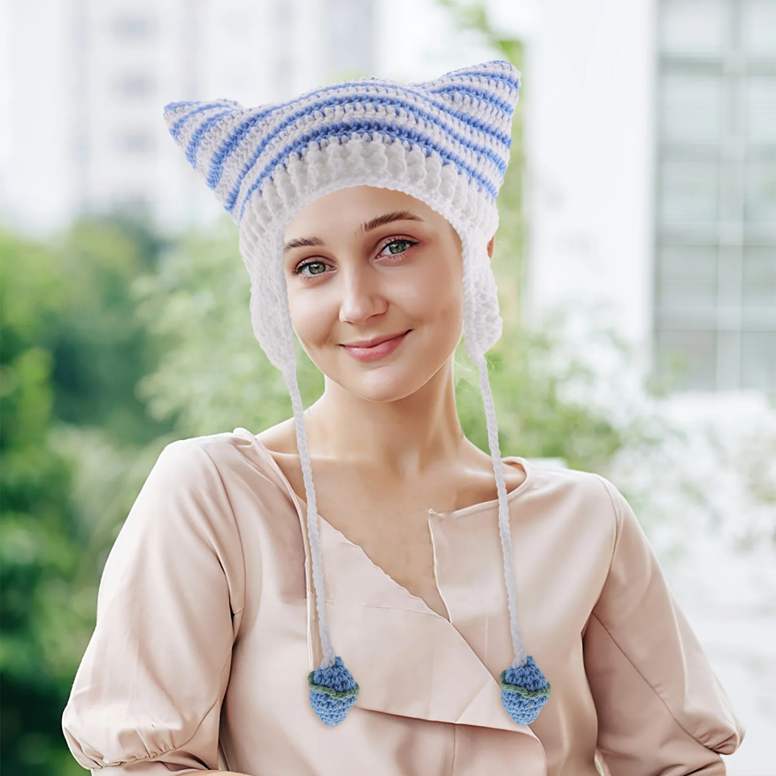 

Cat Ears Beanie Hat for Women Crochet Movable Knitted Acrylic Hats Earmuff
