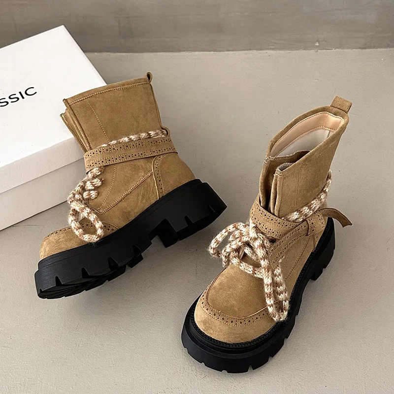 Faux Suede Platform Women Mordern Boots Retro Thick Soled Lace Up Shoes Vintage Autumn Winter Ladies Lovely Style Short Booties