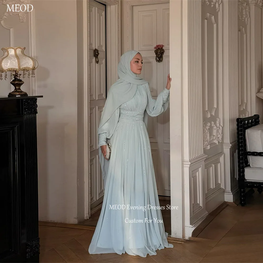 

MEOD Sky Bule Chiffon A line فستان سهره High Neck Floor Length Evening Dress Long Sleeve Abendkleider Dubai Customized