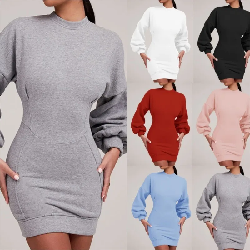 Women's Bodycon Dress Autumn Winter Fashion O-neck Waist Slim Hip Cover Sweater T-shirt Elegant Mini Dresses For  Women Vestidos