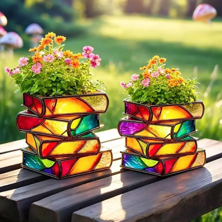 Stacked‑Books Resin Planter,set of 2,Stained‑Glass Effect Colorful Book Pile Flower Pot, Home Desktop Garden Yard Decor Ornament