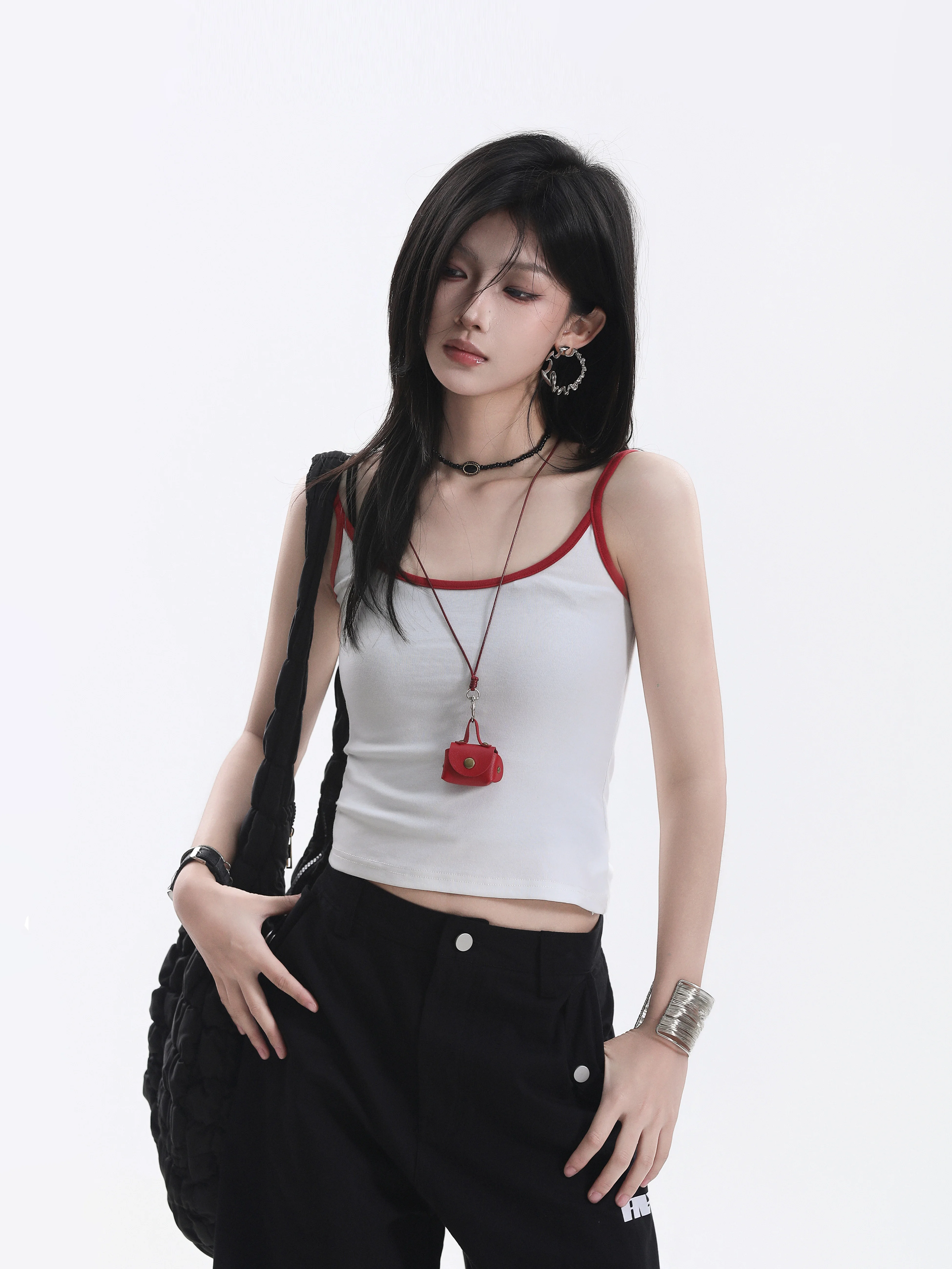 Slim Fit U-Neck Crop Top American Style Simple Strap Women's Vest Trendy Small Ball Ball Basic Color Block Short Length
