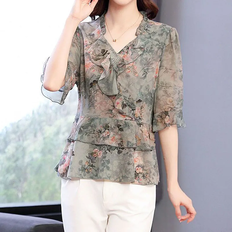 Elegant Ruffles Spliced Fashion Floral Chiffon Tops for Women Summer New All-match V-Neck Short Sleeve T-shirt Female Clothing