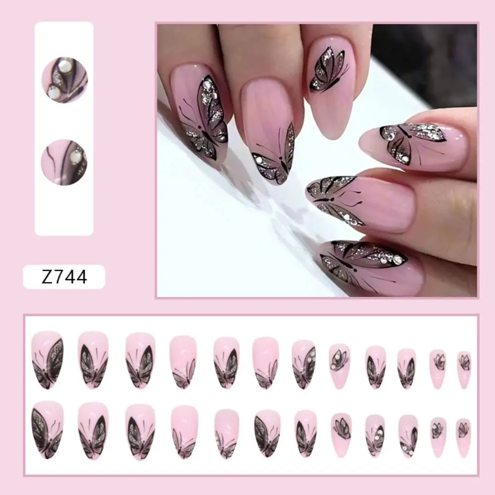 French False Nails Manicure Long Almond Black Butterfly Press on Nails Detachable Purple White Lines Fake Nials DIY