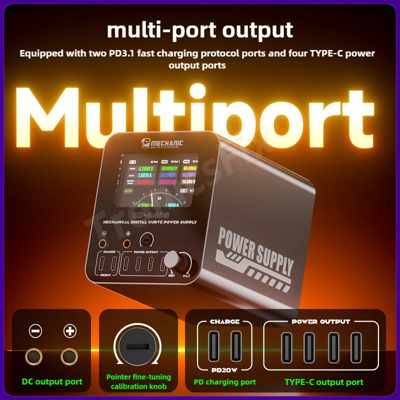 MECHANIC MP-2405 24V5A 기계식 디지털 전원 공급 장치, 듀얼 PD3.1 및 4 USB-C, 3채널 동기화, 스마트 보호 조정 가능한 DC, 수리
