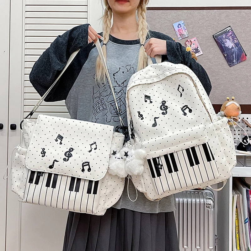 Korean Fashion Nylon Piano Backpack Musical Note Decor Lightweight Shoulder Bag Large Capacity Rucksack Travel Hiking Storage