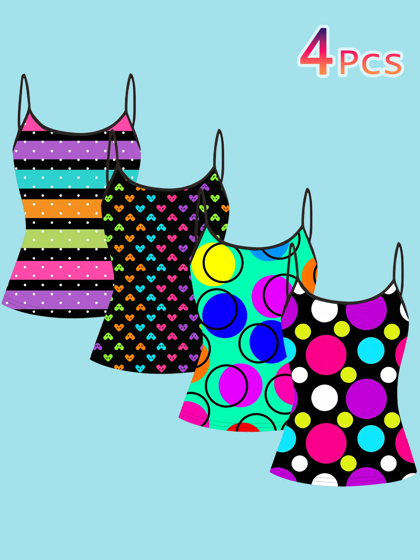 4-Pack Women's Y2K Dopamine Print Camisole High-Saturation Heart Polka Dot Rainbow Stripe Slim-Fit Spaghetti Strap Inner Top