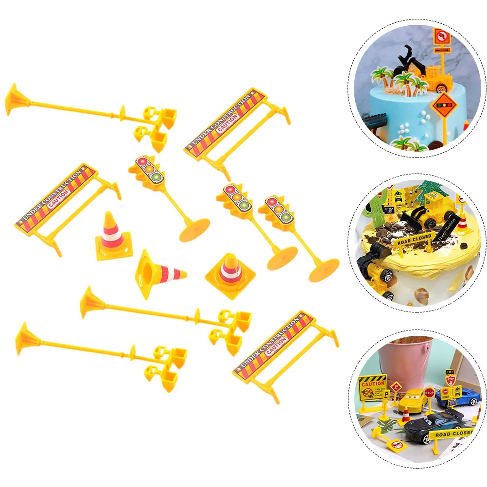 3 Sets Baking Decoration Theme Party Road Sign Cake Ornament Birthday Creative Construction Topper Plastic Joyful