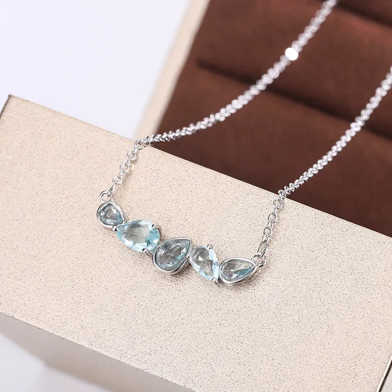 

Exquisite Blue Zircon Pendant 925 Stamp Smile Clavicle Chain Choker Necklace for Women Wedding Party Birthday Jewelry Gift