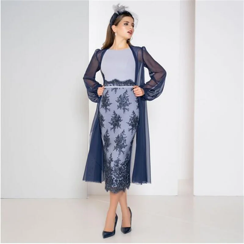 Elegant Navy Blue Tea Length Mother Of The Bride Dress 2023 With Coat  Plus Size Mom Evening Formal Dress Women Wedding Guest We