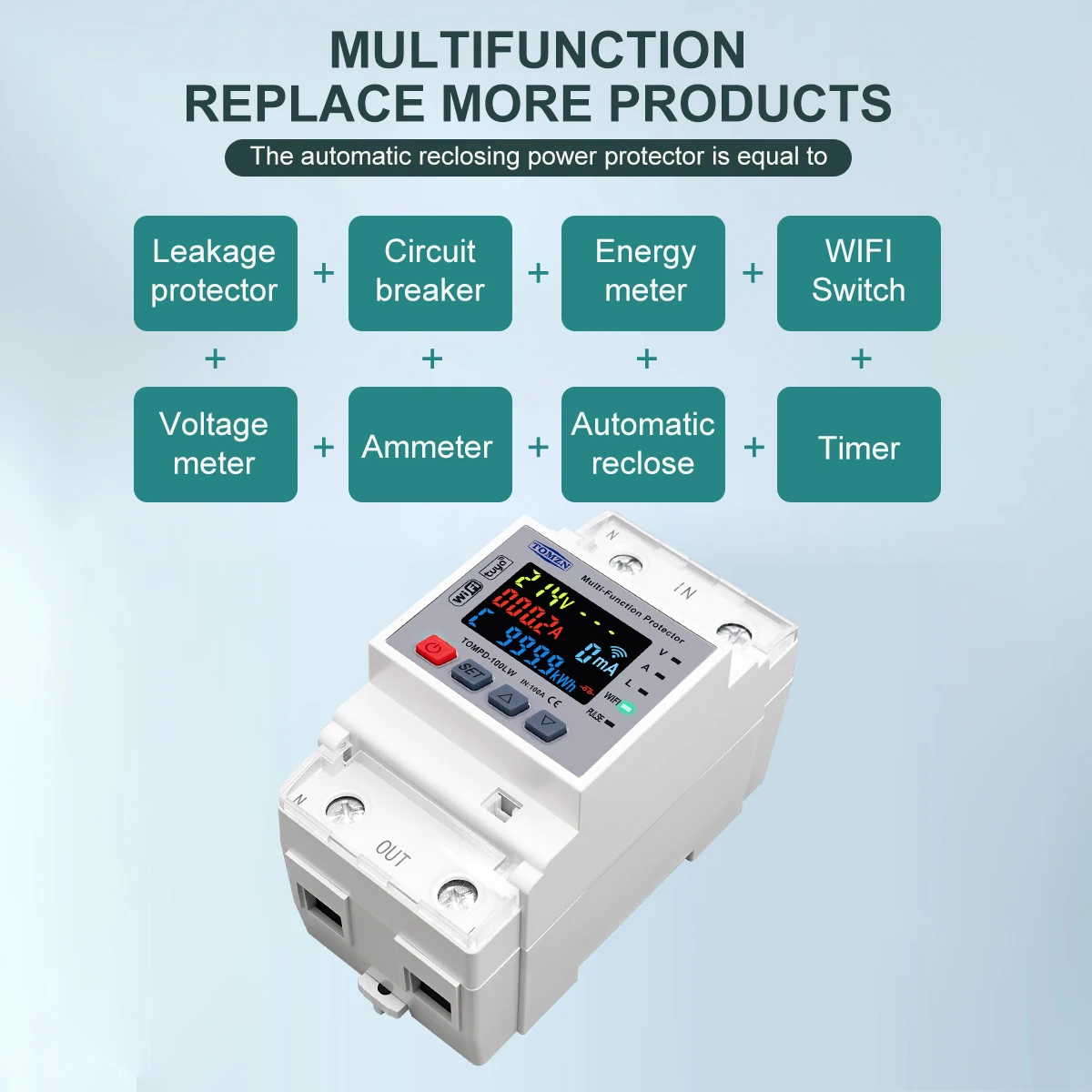 TOMZN TOMPD-100LW AC85-300V 100A WIFI Smart Multifunctional Protector TUYA Smartlife NTC Temp Measurement Protection Leakage
