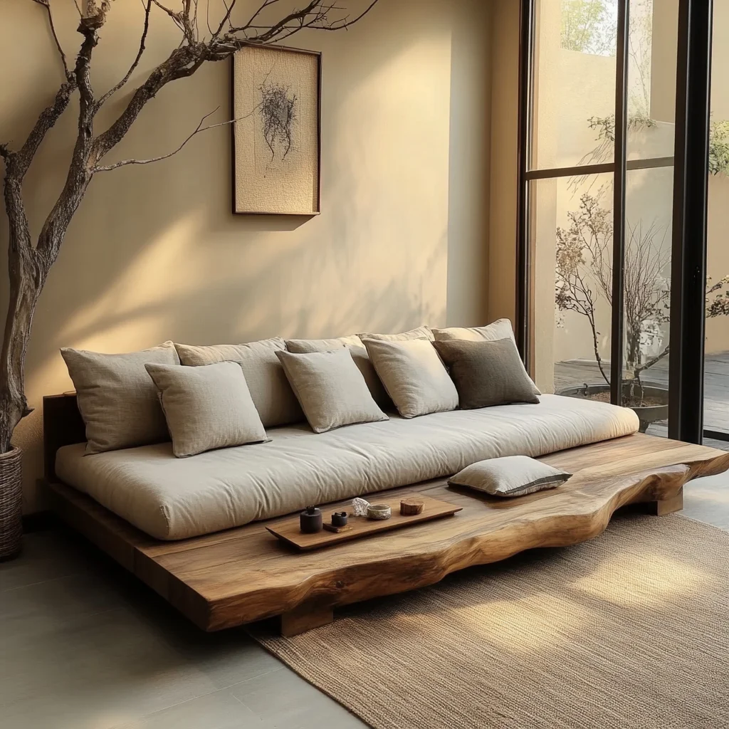 سجل الرياح الخشب الصلب وابي سا أريكة جمالية غرفة المعيشة B & B أثاث سجل الفندق أرضية صف مستقيم أريكة متعددة الأشخاص