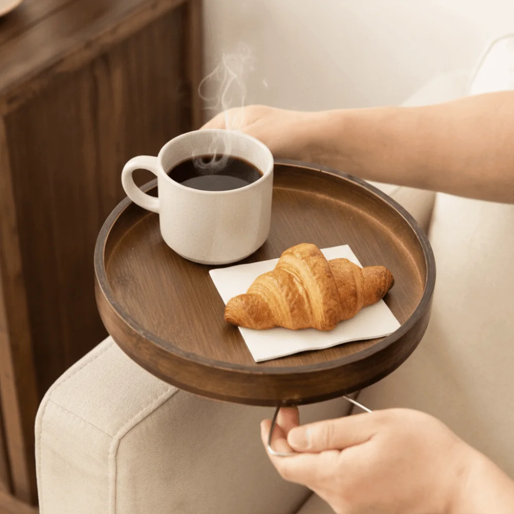 Durable Folding Clip Sofa Armrest Tray Bamboo Rectangular/Round Sofa Side Clip-on Tray Drink Storage Tray Leisure Time