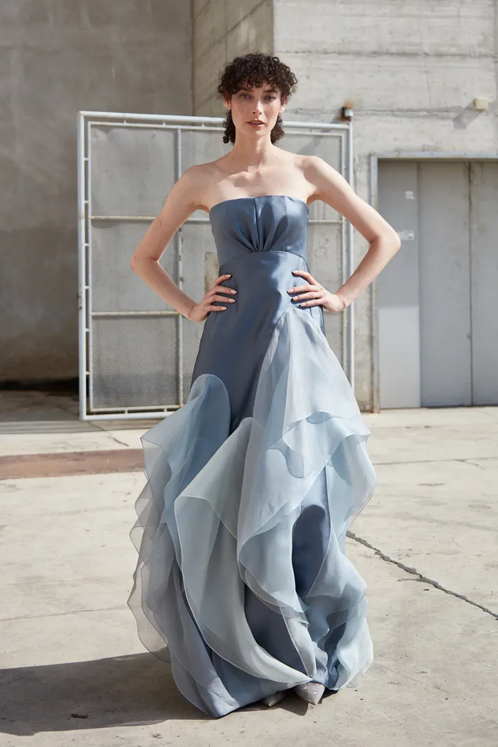 Elegant Blue Silk Taffeta Prom Party Dresses Strapless Ruffled Organza Formal Gown Italian Celebrity Dress Vestidos de fiesta