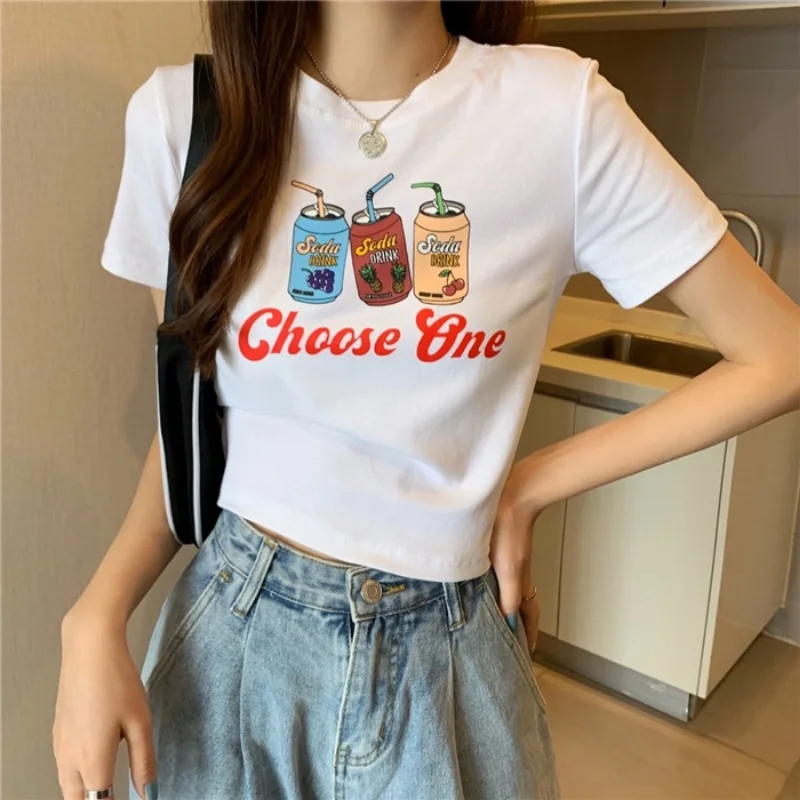 Cute Cartoon Letter Printed T-shirt Women Girls New Korean Tight Slim Black White Short Sleeve Cropped Tops Summer New