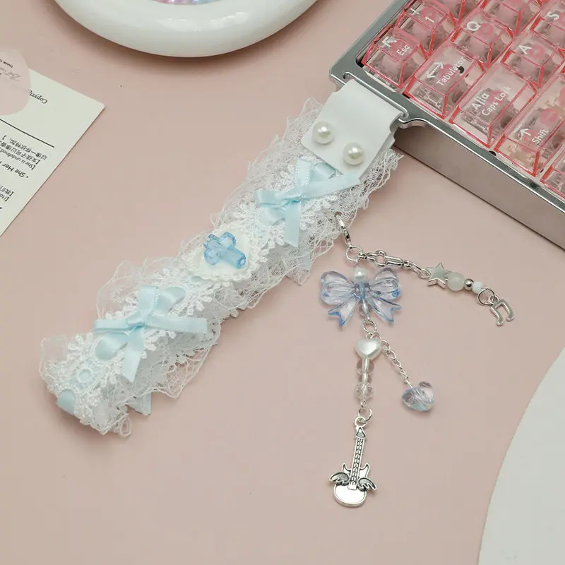 Keyboard With Blue Lace Ribbon Custom Decoration Mechanical Keyboard Pendant Made68 Wooting Universal Accessory Pendant
