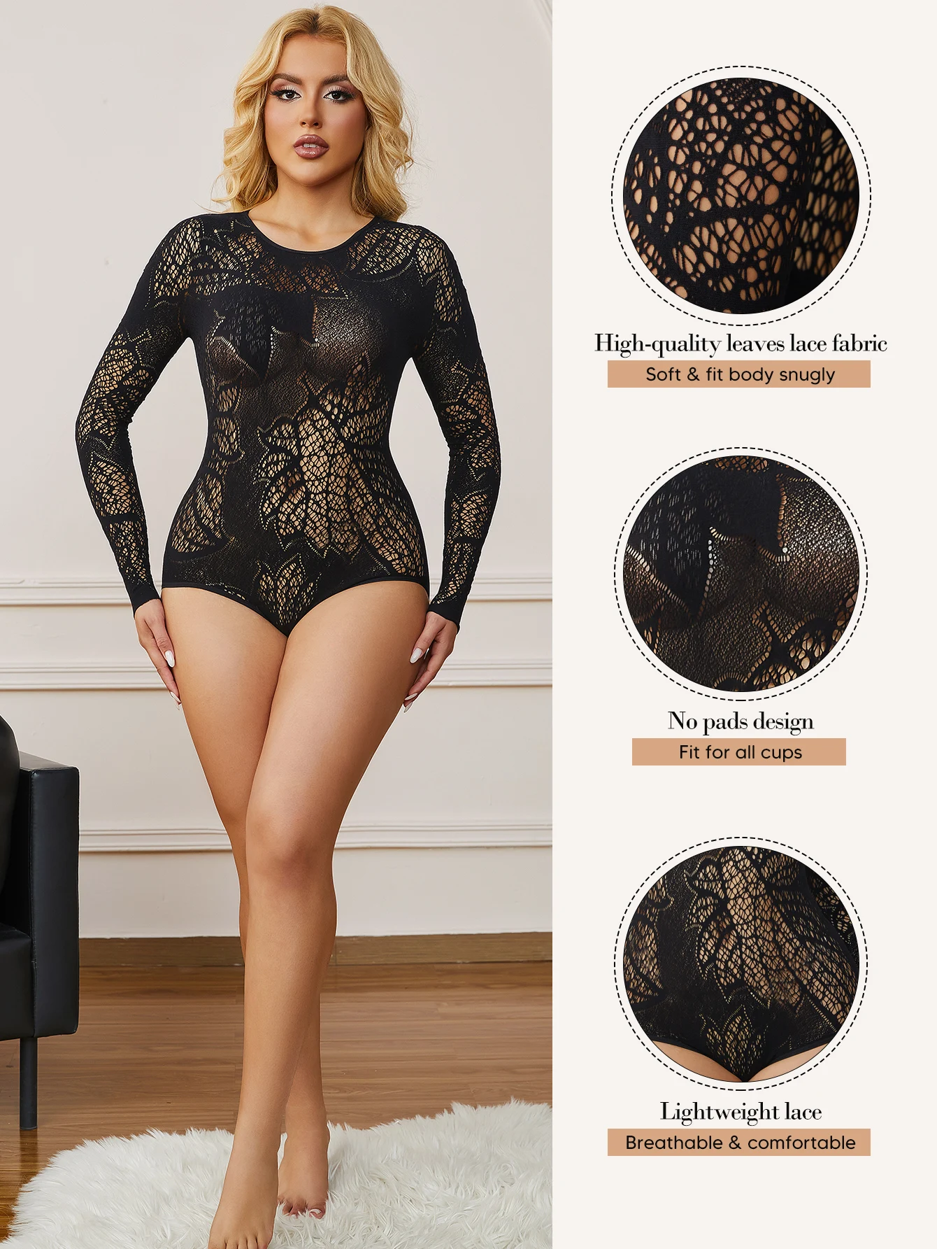 女性のセクシーなカットアウトレースラウンドネック長袖ボディスーツトップスシームレスメッシュボディスーツクラブナイトアウトパーティーデートトップ