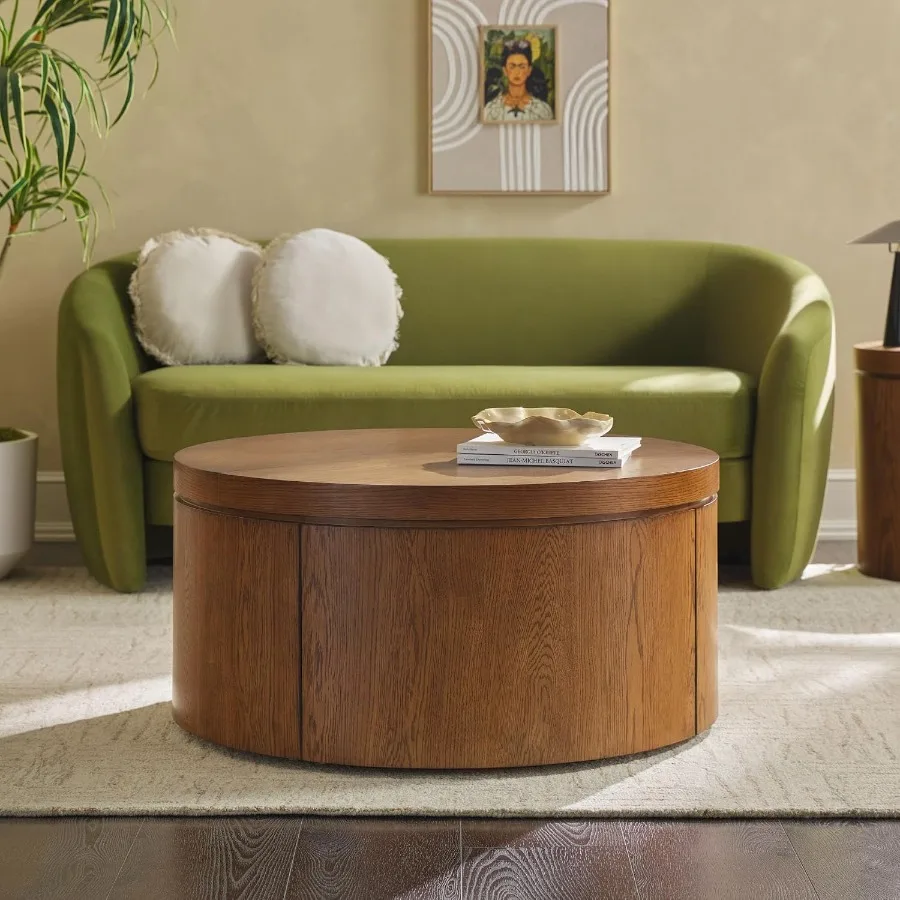 Living room coffee table, solid oak wood veneer, medium brown, with hidden storage compartment and modern minimalist design, 36