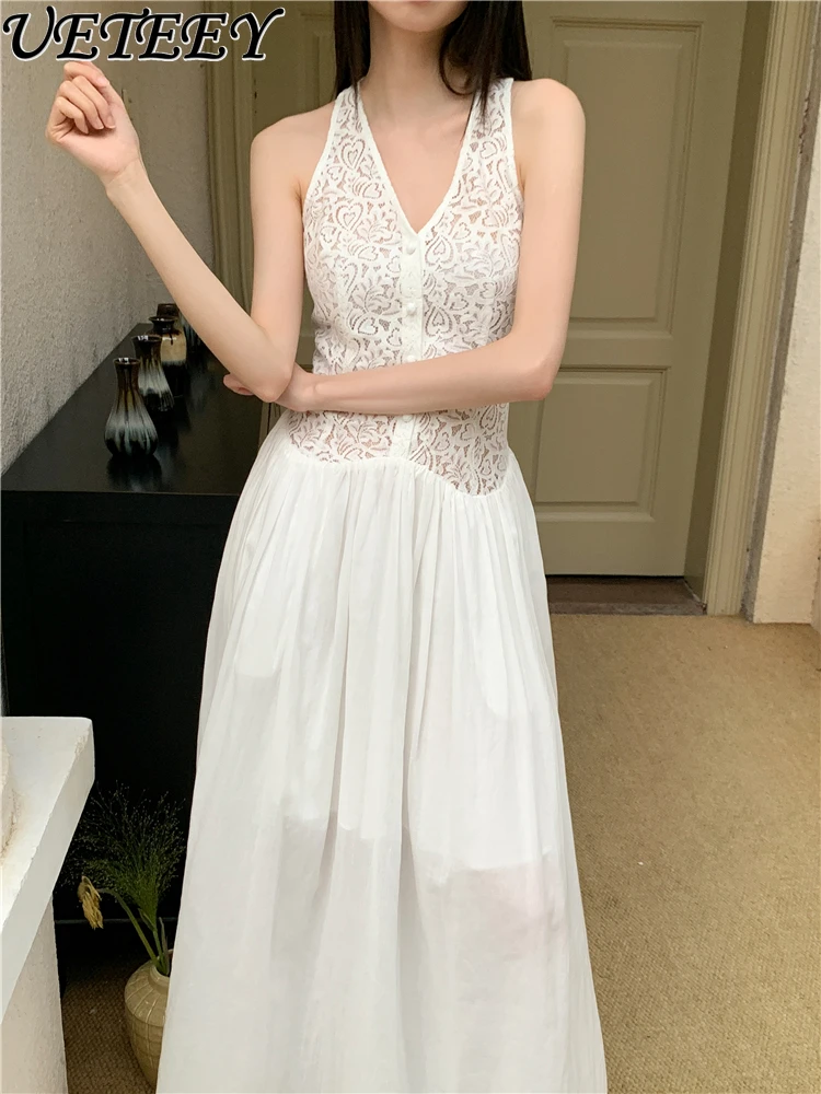 

White Heavy Industry Splicing Hollow Embroidered Suspender Dress Summer New High-waisted Slim-fitting Sleeveless Long Dresses