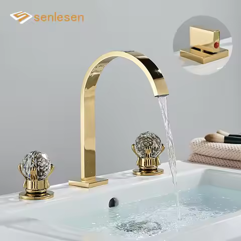 Senlesen Polished Golden Basin Faucets Brass Deck Mounted Square Bathroom Sink Faucets Double Handle 3 Hole Hot Cold Water Tap