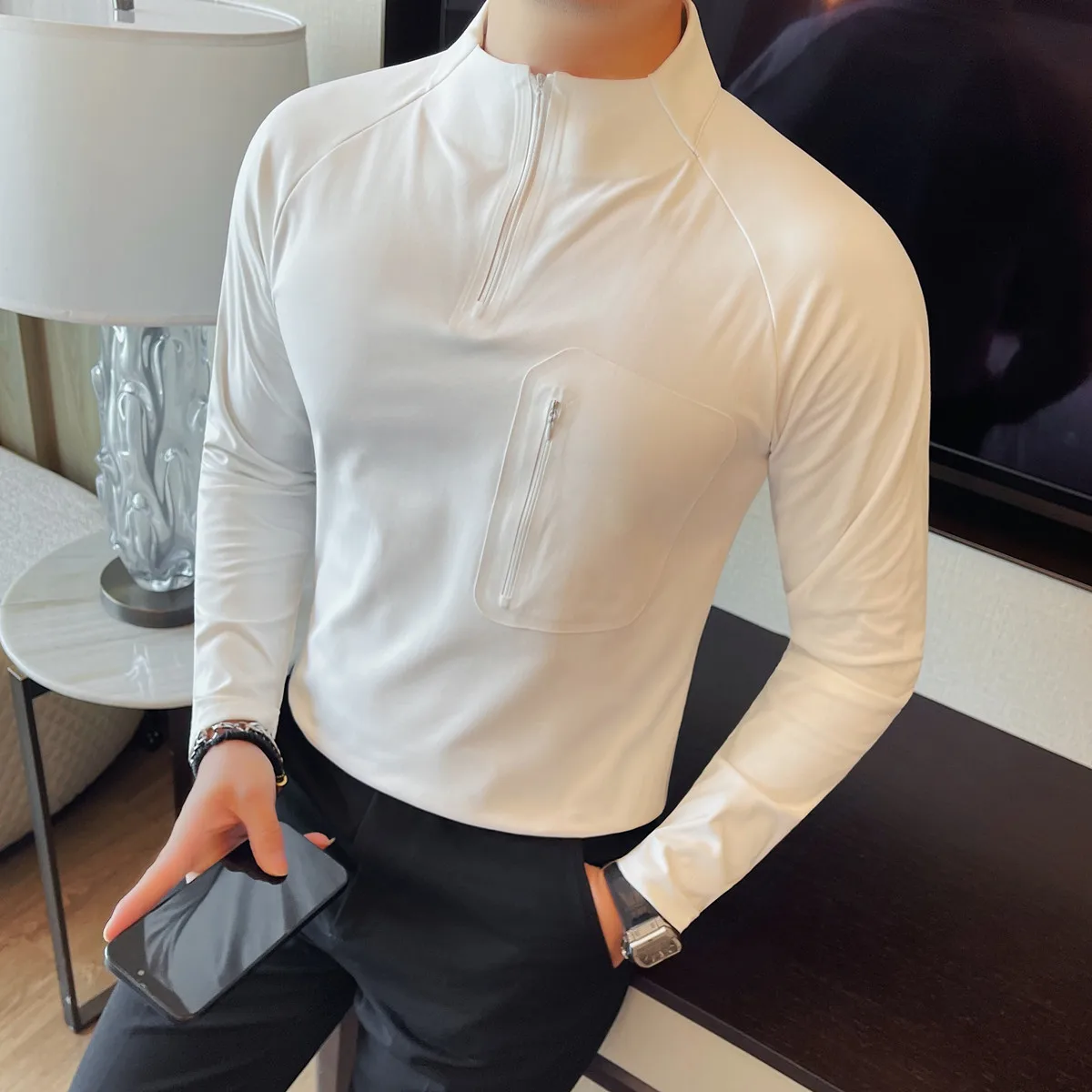 

Men's T-Shirts High Quality Shark Skin Elastic T Shirt Men Clothing 2025 Half Zipper Stand Collar Slim Fit Long Sleeve Tops Tees