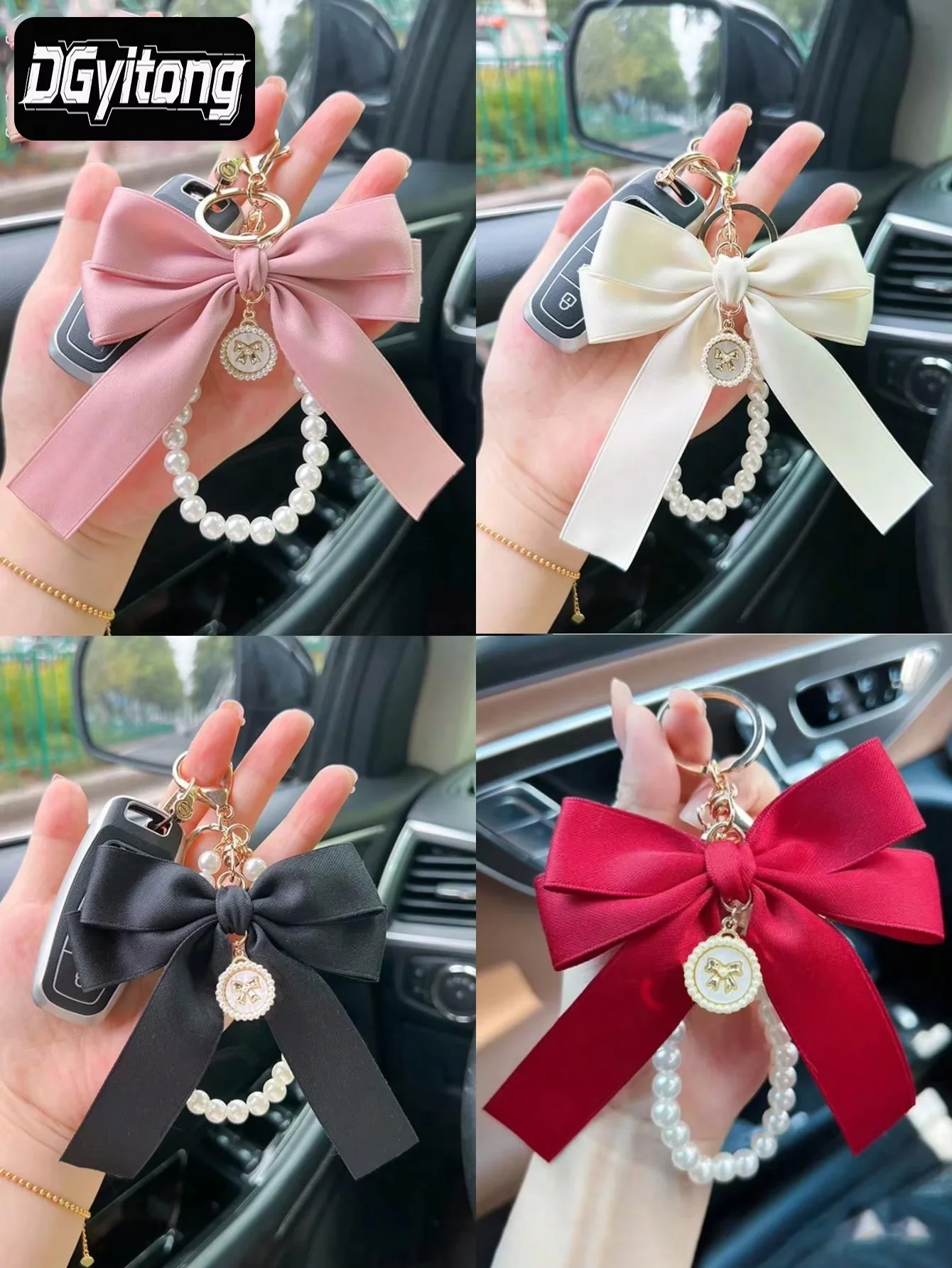 Creative Bow, Pearl Chain Keychain, Women's Fashion Bag Pendant, Car Keychain, Personalized Ribbon Necktie