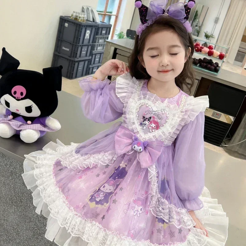 Sanrio Kuromi Girl Princess Dress Lolita Suit Autumn Fashion Kawaii Long Sleeve Dress Children Baby Skirt Party Birthday Gift