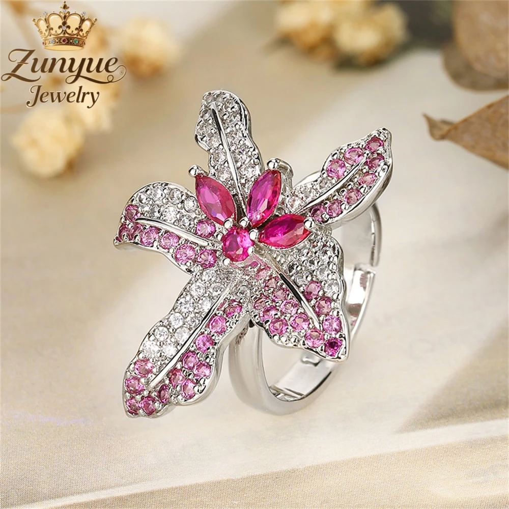 Pink Crystal Glass Three-Dimensional Diamond-Encrusted Flower Ring Luxury Quality Fashion Jewelry Exquisite Popular Charms Gift