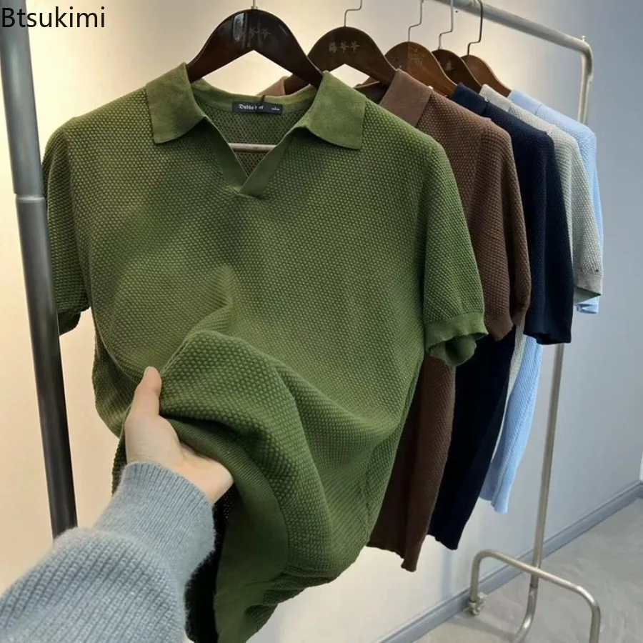 2026 Men's Pineapple Needle Knitted Short Sleeve Shirt Casual Breathable V-Neck T-Shirt for Youth Summer Fashion Standard Fit