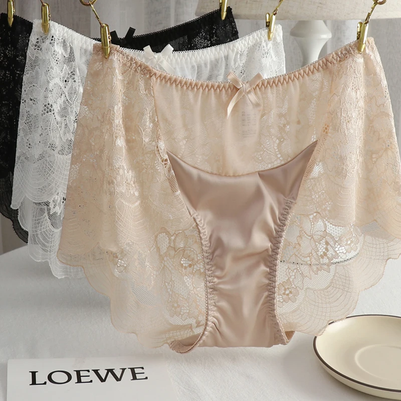 Plus Size Satin Panties for Women High Quality Sexy Lace Bow Thin Transparent Mesh Panties Underwear Women Lingerie Large Size