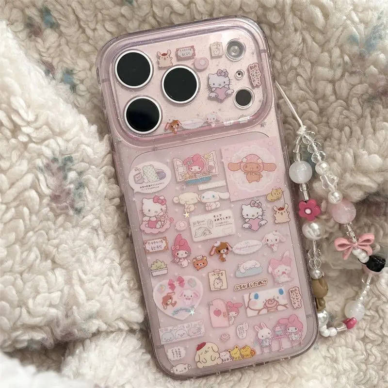 Cute Cartoon Cat Pattern Glitter Full Screen Phone Case for Iphone 17 16 15 14 Pro Max Acrylic Shockproof Back Cover with Chain
