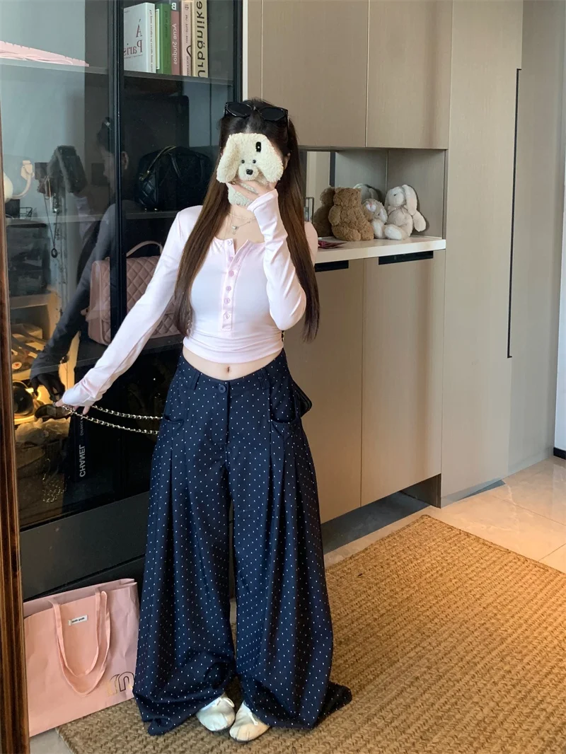 

Spicy Girl Pink Slim Fit Long Sleeve T-Shirt Women Summer Polka Dot Casual Pants Wide Leg Pants Two Piece Set Fashionable