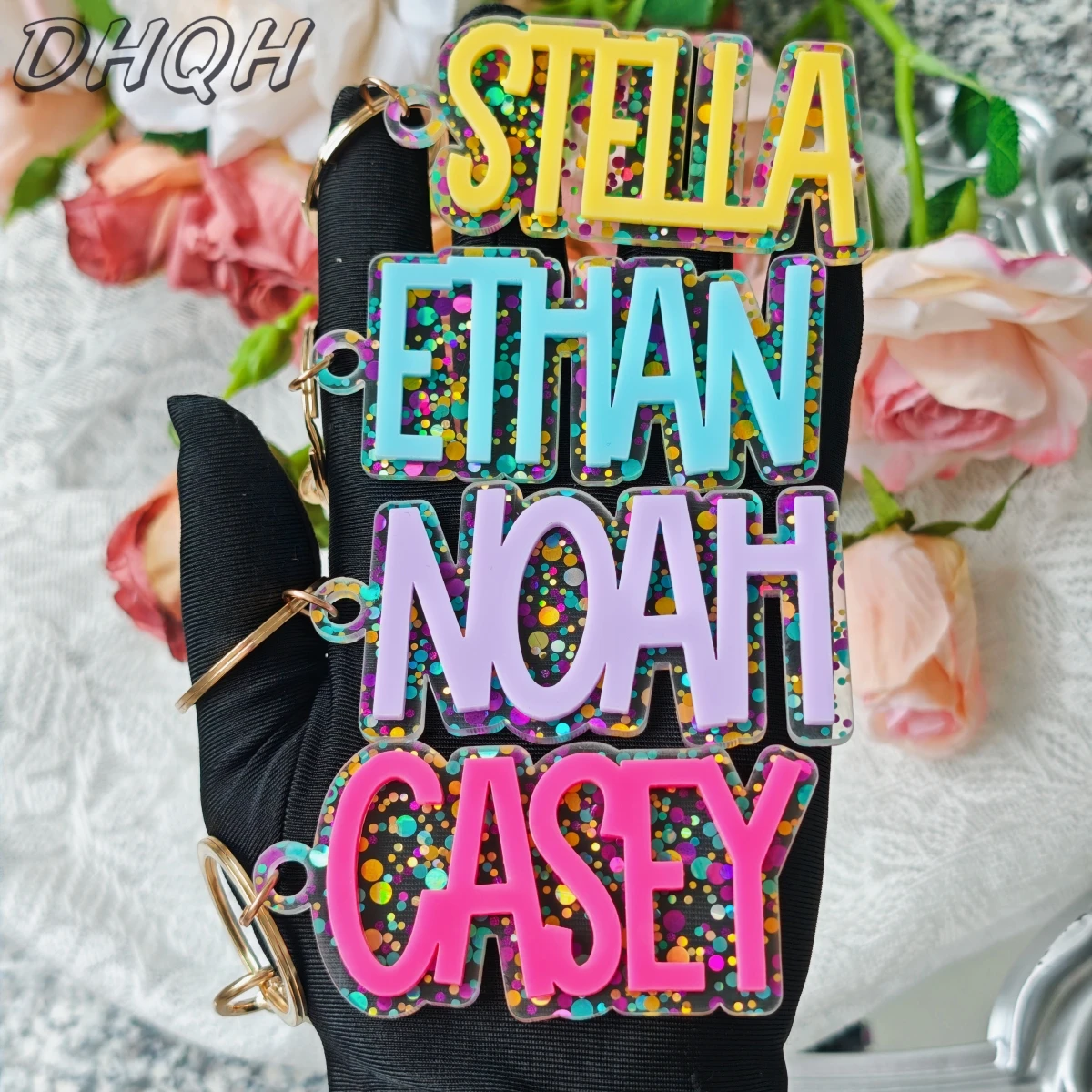 Custom Name Glitter Acrylic Keychain Personalized Keyring Custom Cartoon Pattern Gifts for Bday Valentine Xmas Party Souvenir