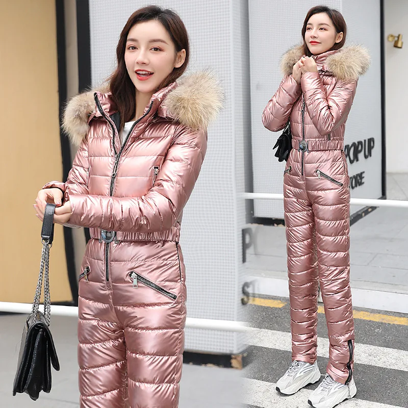 One Piece Ski Suit Women Jackets Winter Hooded Parka Jumpsuit Women Cotton Bodysuit Sashes Jumpsuits Zipper Overalls Tracksuits