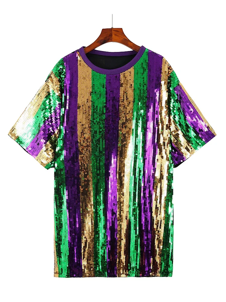 Shiny Tri Color Green Gold Purple Sequin Stripe Shirt Dress 2025 New Orleans Mardi Gras Festival Apparel for Women