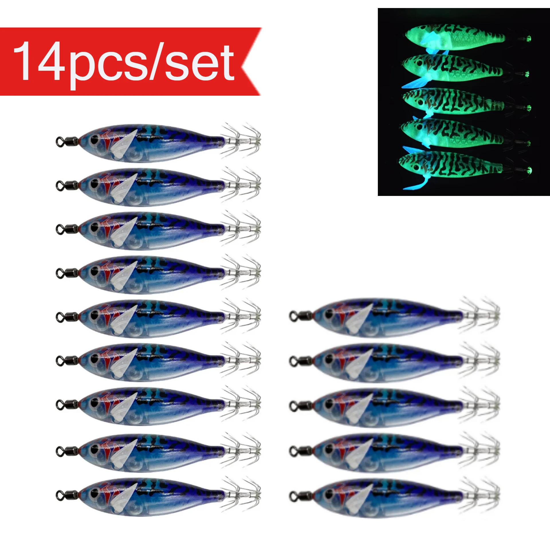 14 Stück/Set 8cm Angelköder für Garnelen, Leuchtender Tintenfisch-Jig-Haken, Meeresfischerei-Zubehör, Künstlicher Köder, Oktopus-Köder