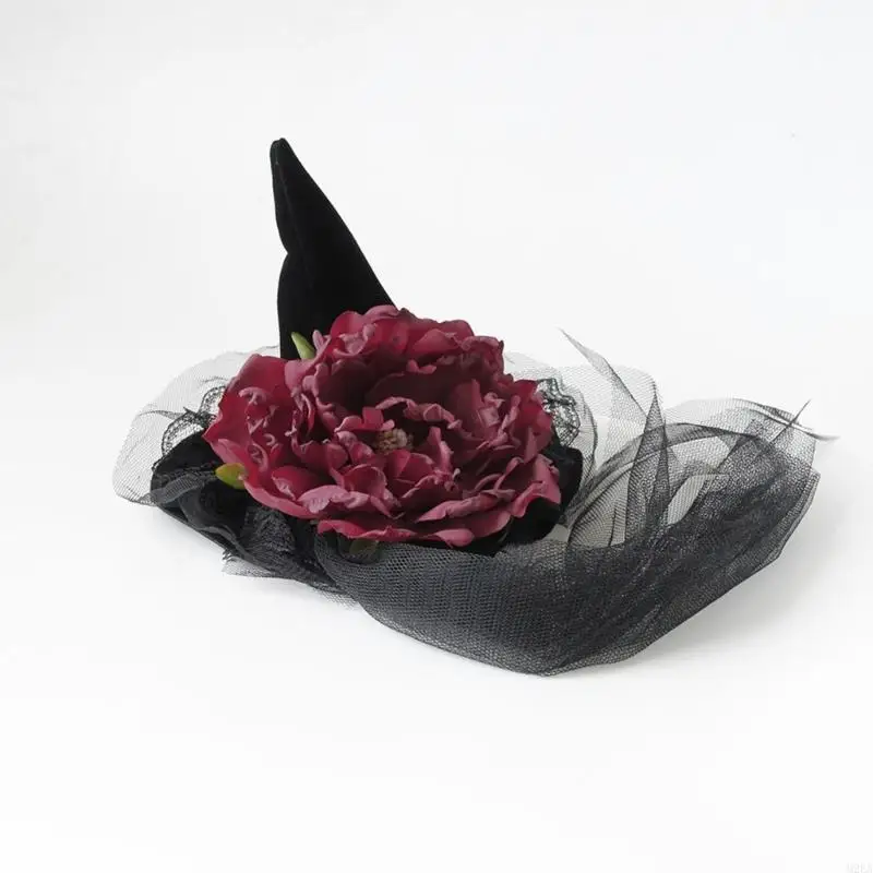 2026 New Black Lace Witch Headpiece with Stitched Wine Red Faux Flower for Halloween