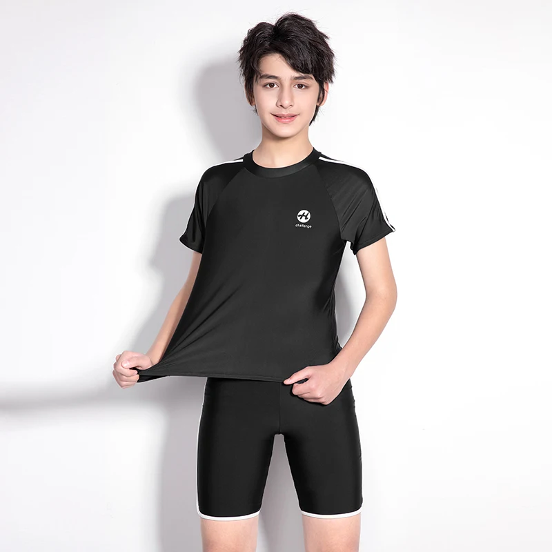 Boys Two Pieces Swimsuit Sports Short Sleeve Swimming Suit Swimwear Bathing Suit Early Youth Solid Black Shorts Surfing