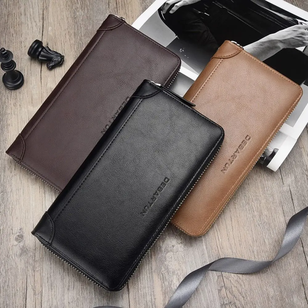 

New PU Leather Men Long Wallet Large Capacity Solid Color Card Holder Zipper Phone Bag