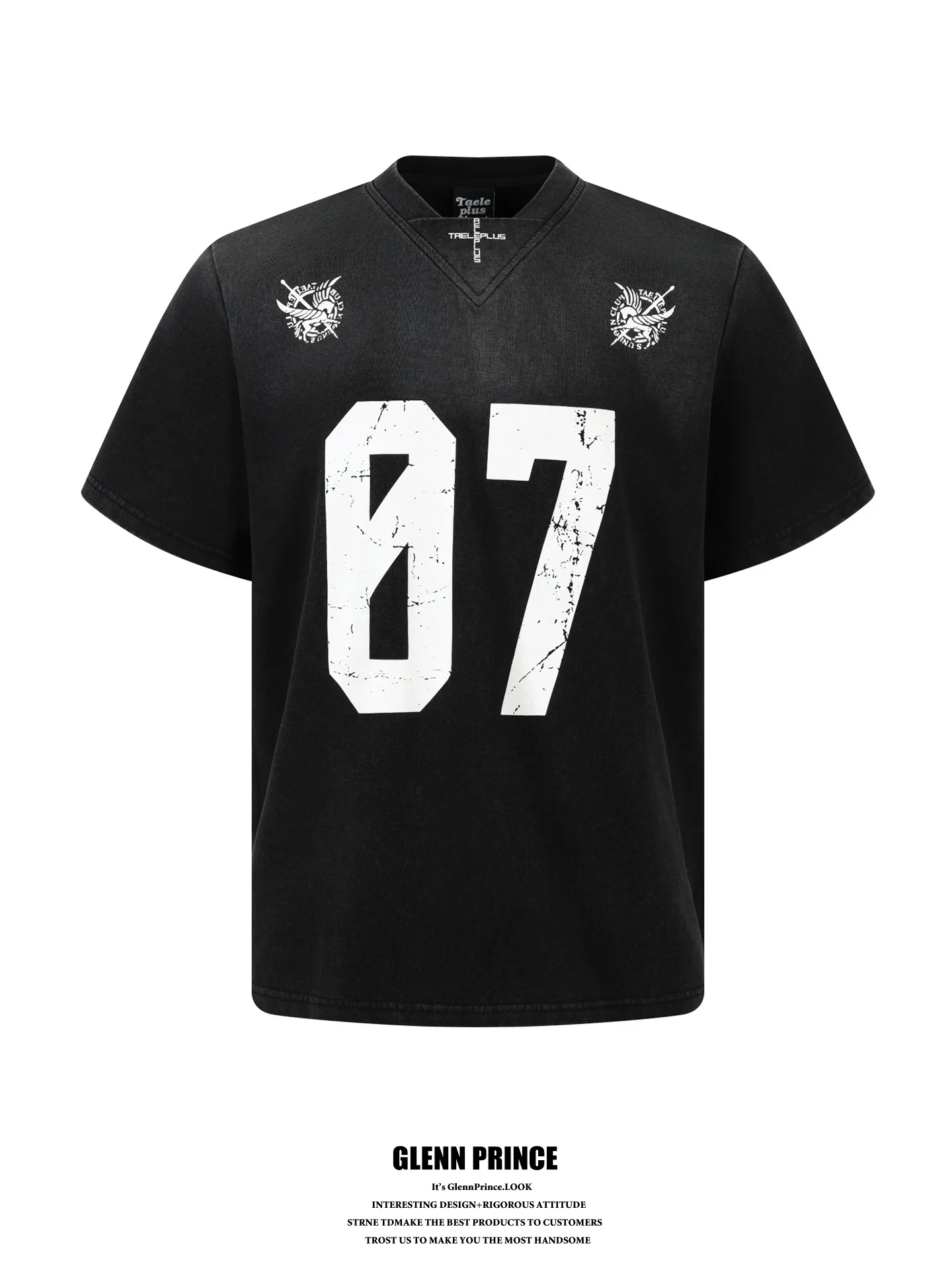 

GPstudio Dark Washed Distressed Digital Print Short Sleeve T-shirt Men's High Street Boxy Fit Football Jersey Fashionable You...