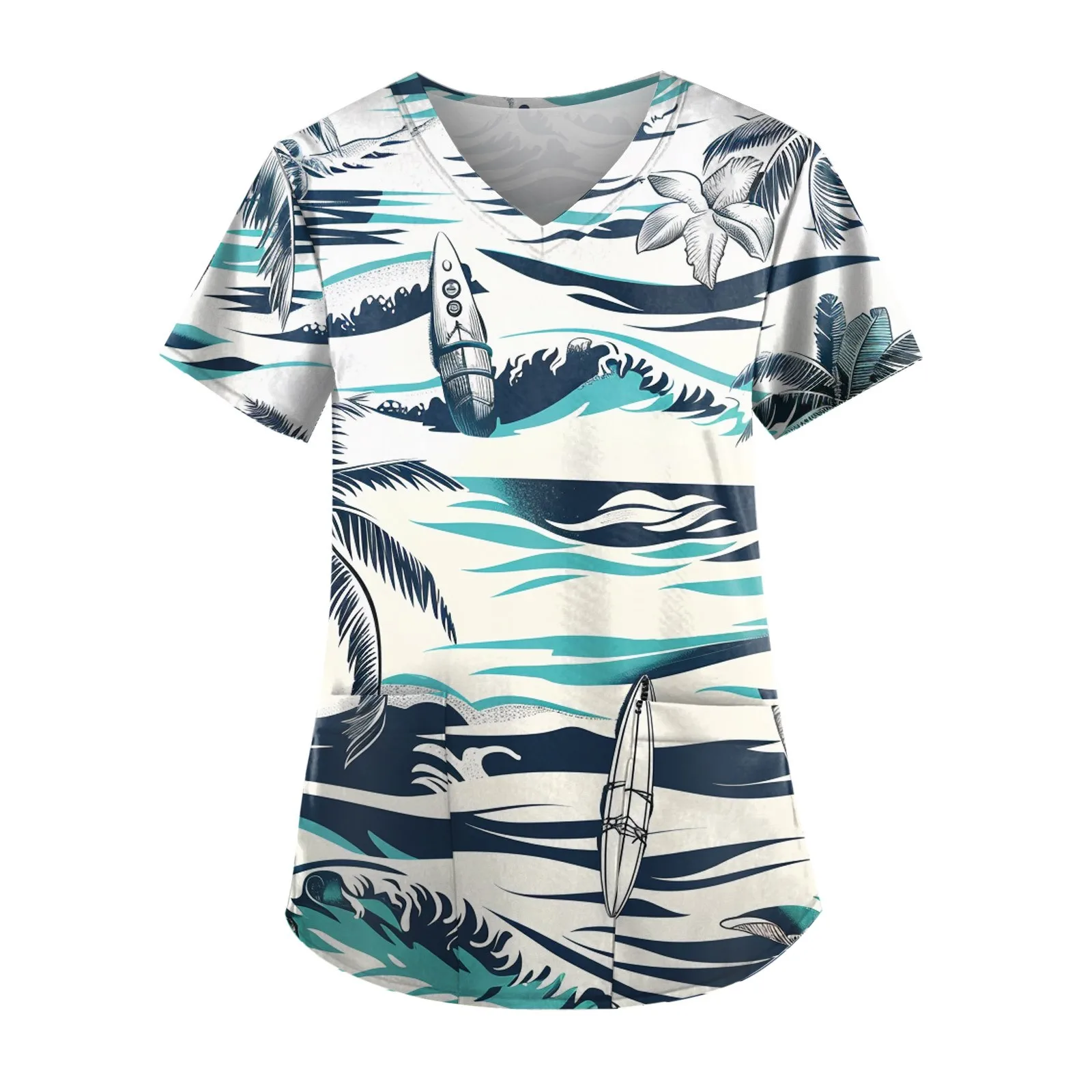 

Women's Fashion Casual Leaf Print Pattern Caregiver Top Loose Soft V-neck Short Sleeve Hospital Clinical Scrubs Top