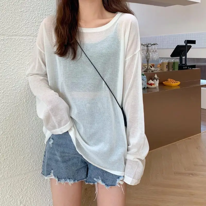 Ice Silk Summer New Loose Korean Simplicity T Shirts Long Sleeve Solid Color Street Casual Tops Tees Sweet Fashion Women Clothes