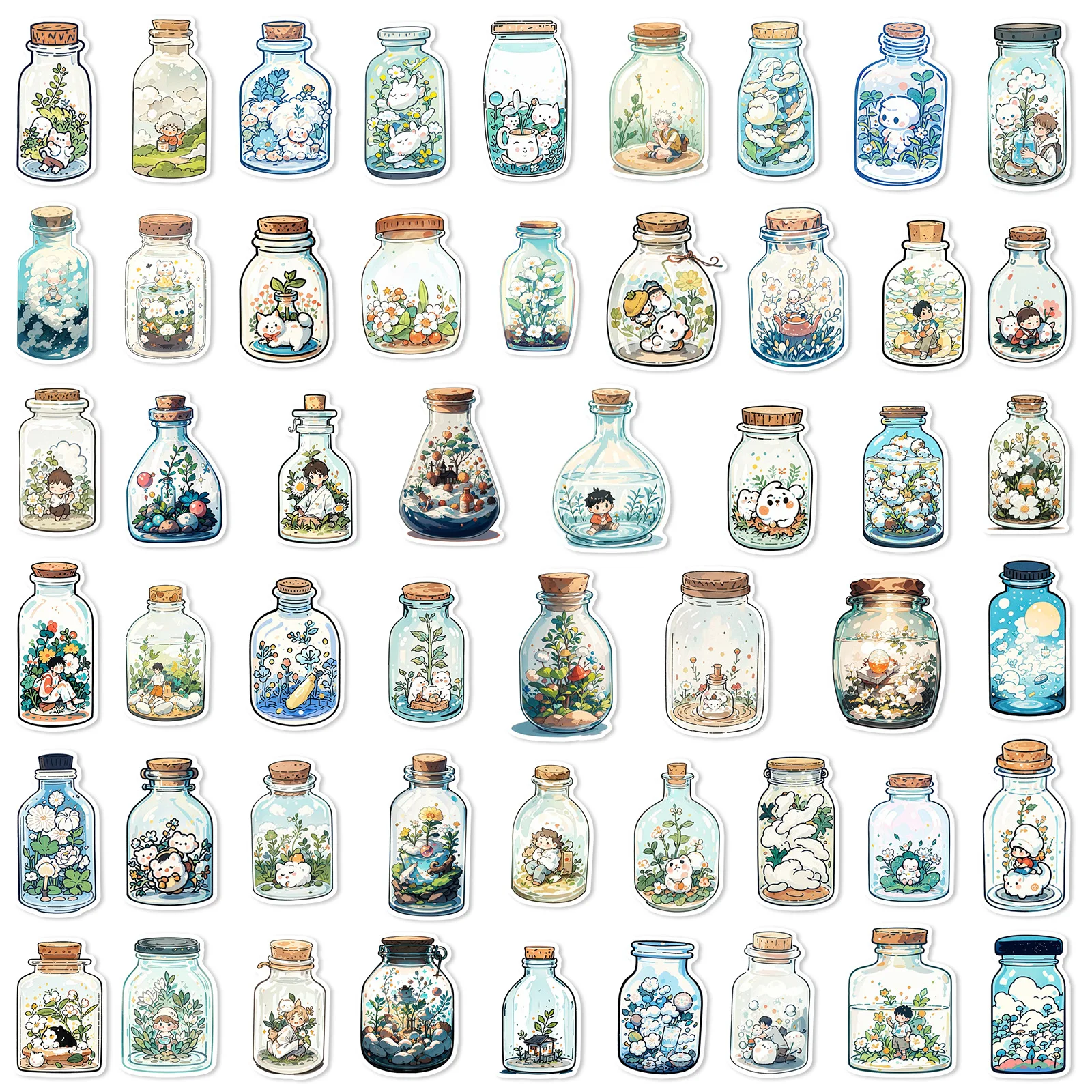50pcs Cute Bottle World Cartoon Stickers Japanese Style DIY Stickers Scrapbooking Phone Luggage Skateboard Waterproof Decals