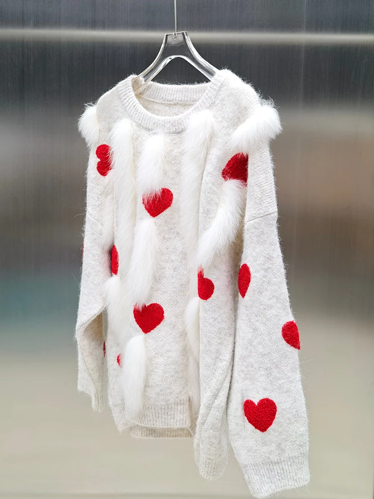 2025年女性用秋の本物の毛皮プルオーバーコート、本物のキツネの毛皮ストライプOネックニットセーターコート、女性用高級ジャケット