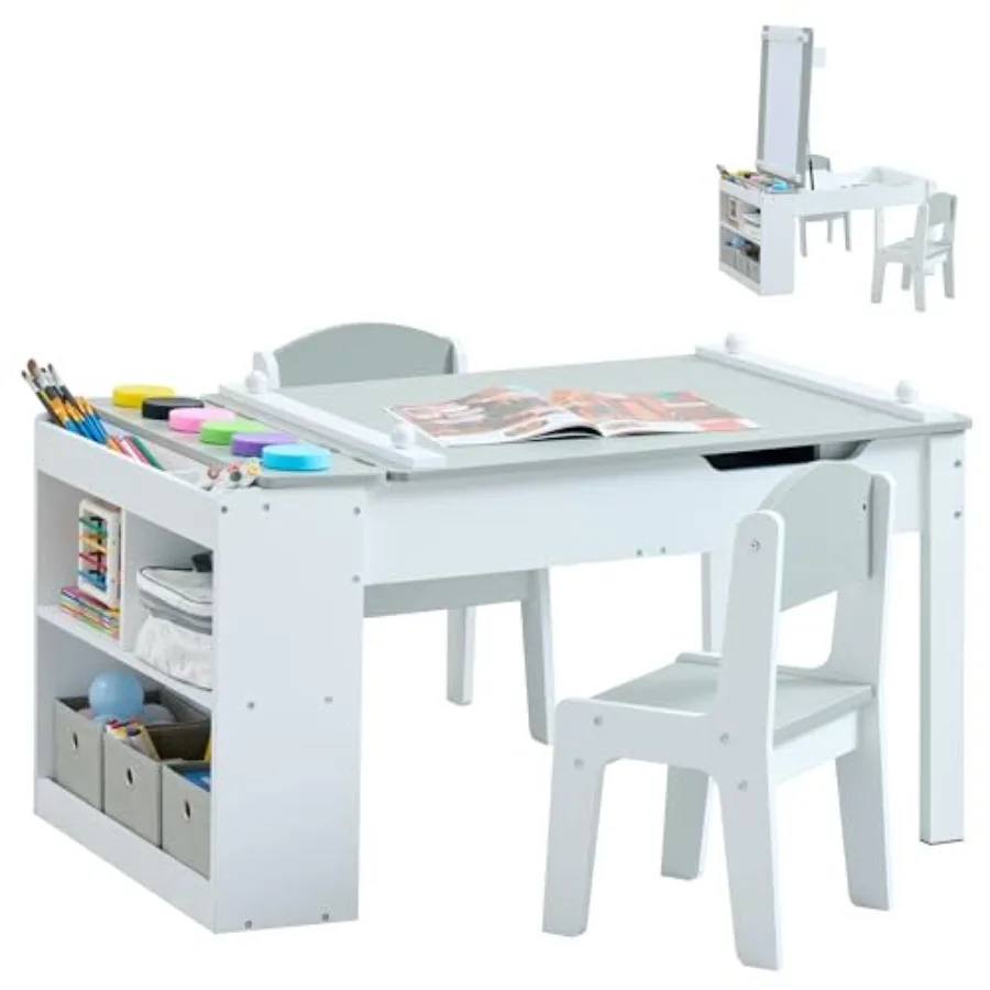 

Многофункциональный художественный мольберт-стол 3-в-1 с синими стульями для рисования и творчества, 6 стаканчиков для красок, 6 контейнеров для хранения, рулон бумаги