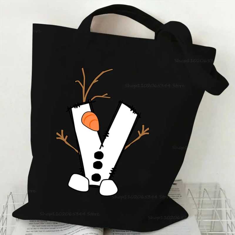 Criativo dos desenhos animados boneco de neve 26 alfabeto lona senhoras bolsa ombro feliz natal festa lona sacola engraçado carta bolsa feminina